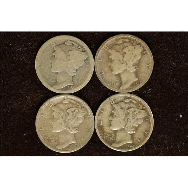 1920, 1937-D, 1941-S & 1944-D SILVER MERCURY DIMES