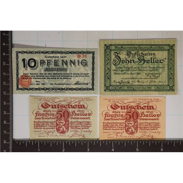 4-1920 GERMAN CRISP UNC NOTGELDS: 1-TEN PFENNING