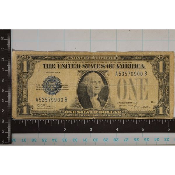 1928-A US $1 FUNNY BACK SILVER CERT. BLUE SEAL