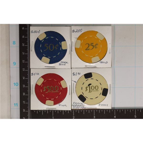 4 CLAY VINTAGE POKER CHIPS: 25 CENT, 50 CENTS, $1,