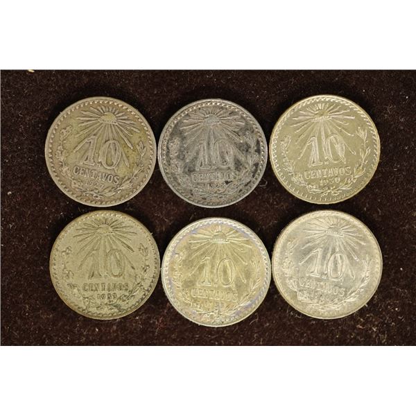 6 MEXICO SILVER 10 CENTAVO COINS. .2304 OZ. ASW