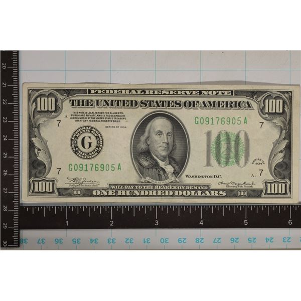 1934 US $100 FRN, GREEN SEAL. CRISP AU/UNC