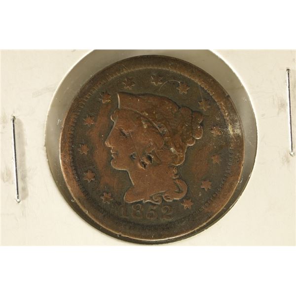 1852 US LARGE CENT. 2 TINY DRILL MARKS CENTER OF