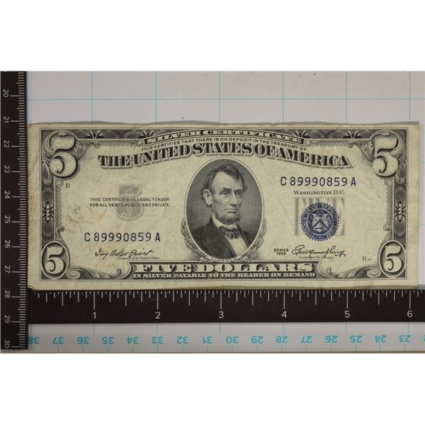 1953 US $5 SILVER CERT, BLUE SEAL