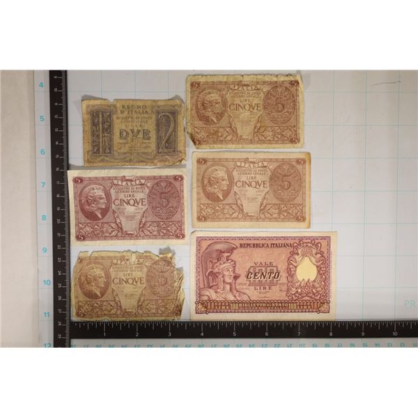 6 ITLAY BILLS: 1-1939 TWO LIRE, 4-1944 FIVE LIRE &