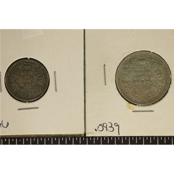 2 BRITISH INDIA SILVER COINS: 1943-QUARTER RUPEE &