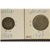 Image 2 : 2 BRITISH INDIA SILVER COINS: 1943-QUARTER RUPEE &