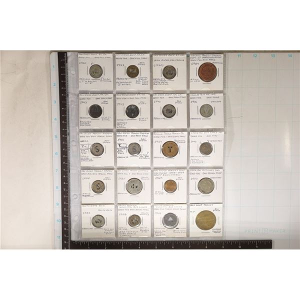 20 CALIFORNIA METAL TRANSPORTATION TOKENS: 1920'S-
