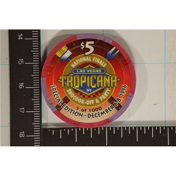 $5 TROPICANA CASINO CHIP. 1996 BBQ COOK-OFF &