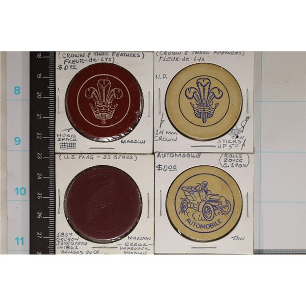 4 VINTAGE CLAY CASINO CHIPS: 2-FLEUR-DE-LYS. U.S.,