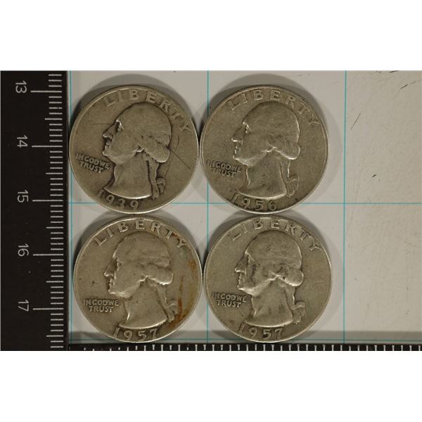 1939, 1956-D & 2-1957-D WASHINGTON SILVER QUARTERS