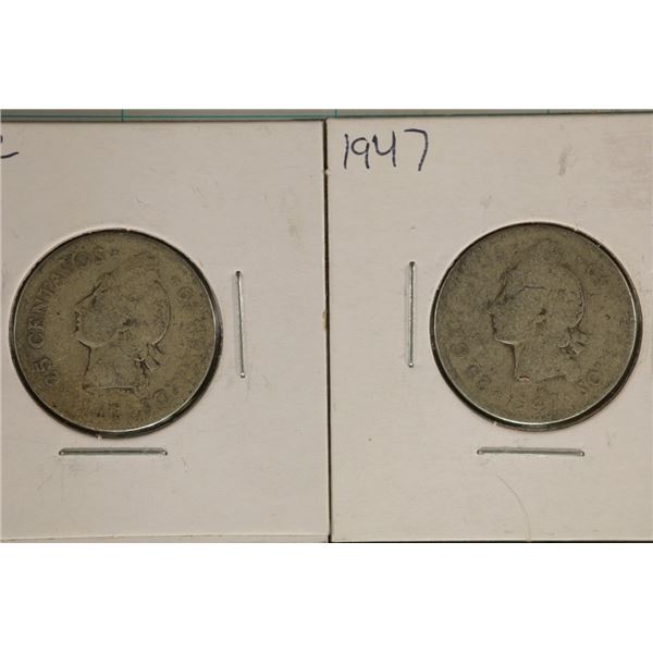 1942 & 1947 DOMINICAN REPUBLIC SILVER 25 CENTAVOS