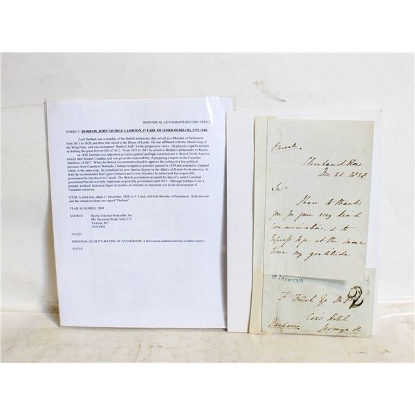 AUTHENTICATED LORD DURHAM SIGNED 1828 1ST