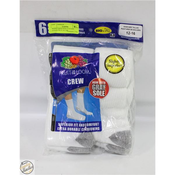 WHITE CREW SOCK 12-16 SIZE 6-PACK FRUIT OF THE