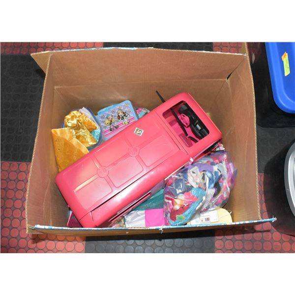 BOX OF BARBIES WITH CAMPER