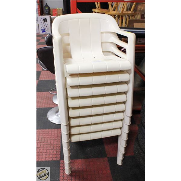 8 PLASTIC WHITE PATIO CHAIRS