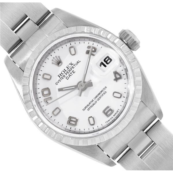 Rolex Ladies Quickset Sapphire White Arabic Dial Date Wristwatch With Rolex Box