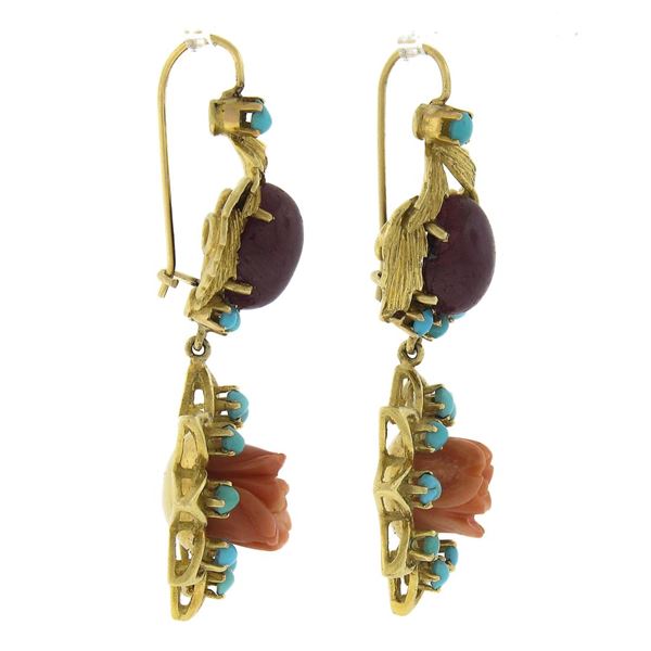 Vintage 18K Gold Carved Flower Coral & Ruby w/ Turquoise Drop Dangle Earrings