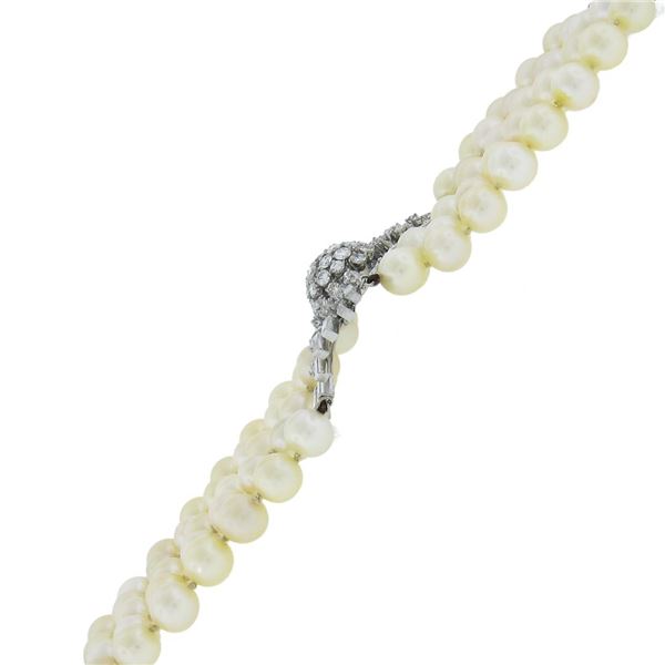 Vintage Platinum & Gold 5 Strand Cultured Pearl w/ Diamond Center Clasp Bracelet