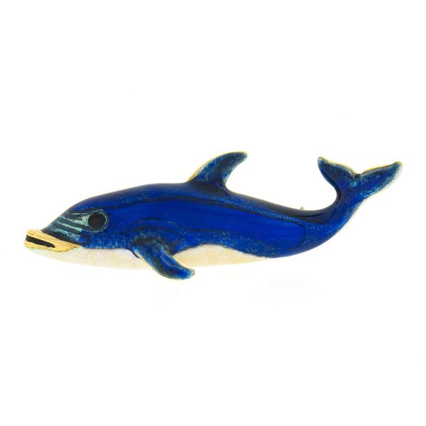 Vintage 14k Yellow Gold Blue & White Enamel Whale or Dolphin Pin Brooch