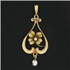 Image 2 : Art Nouveau 14k Gold Seed & Baroque Pearl Dangle 4 Leaf Clover Lavalier Pendant