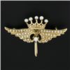 Image 2 : Antique Solid 14k Yellow Gold Seed Pearls Crown Wings Pin Brooch w/ Watch Hook
