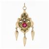 Image 1 : Antique Victorian 14k Gold Etruscan Revival Red Stone Leaf Tassel Dangle Pendant