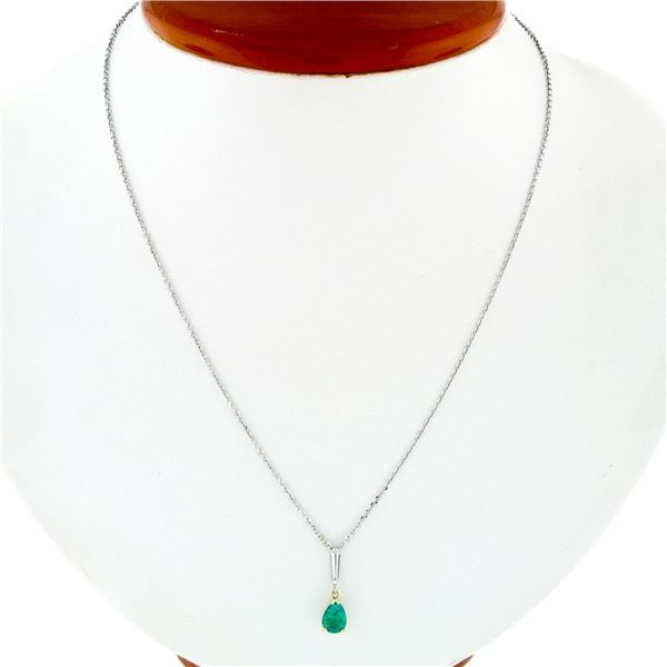 Petite 14K TT Gold.81 ctw Pear Emerald Long Baguette Diamond Drop Dangle Pendant