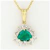 Image 1 : 14k Yellow Gold Trillion Green Emerald Solitaire & Diamond Halo Pendant Necklace