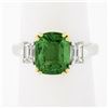 Image 2 : NEW Platinum & 14k Gold 4.39 ctw GIA Cushion Tsavorite & Emerald Cut Diamond Rin