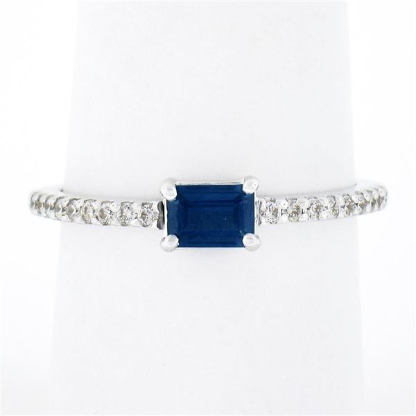 NEW 14K White Gold 0.62 ctw Rectangular Step Cut Sapphire Solitaire & Diamond Ri