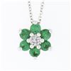 Image 2 : NEW 14k White Gold 0.83 ctw Diamond & Emerald Halo Flower Cluster Pendant Neckla