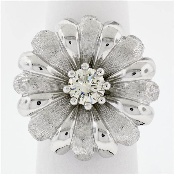 Vintage 18K White Gold.78 ctw Round Brilliant Diamond Large Cocktail Flower Ring