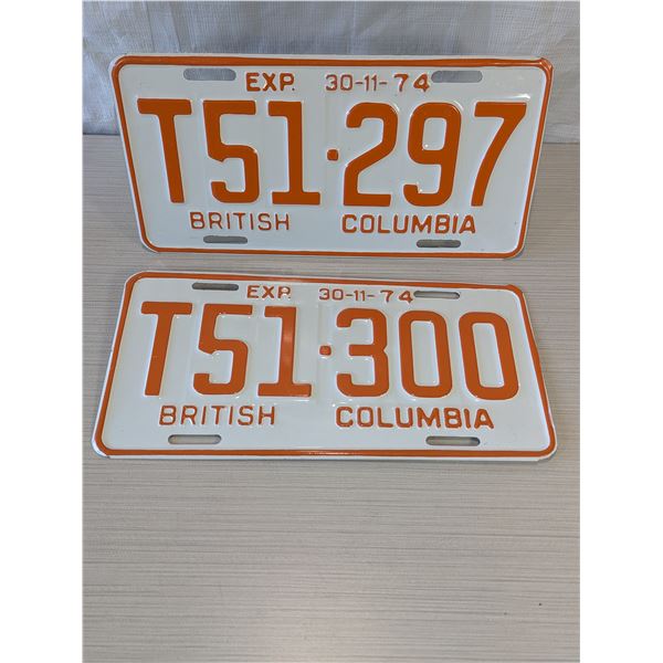 1974 BRITISH COLUMBIA CLOSELY MATCHED LICENSE PLATE (Pair)