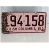 Image 1 : 1961 BRITISH COLUMBIA LICENSE PLATE