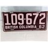 Image 1 : 1962 BRITISH COLUMBIA LICENSE PLATE