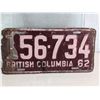 Image 1 : 1962 BRITISH COLUMBIA LICENSE PLATE