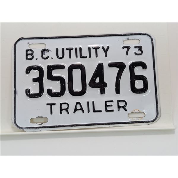 1973 B.C. UTILITY TRAILER LICENSE PLATE