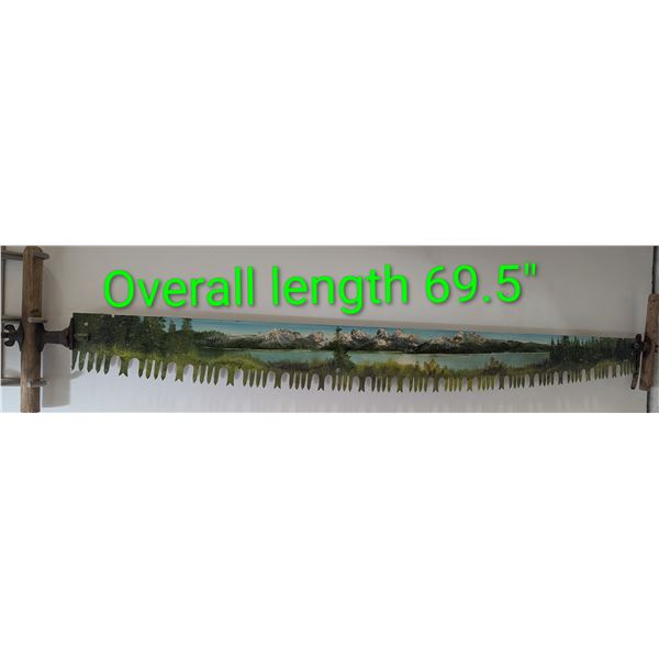 ANTIQUE CROSSCUT SAW with FOLK ART Landscape Oil Painting