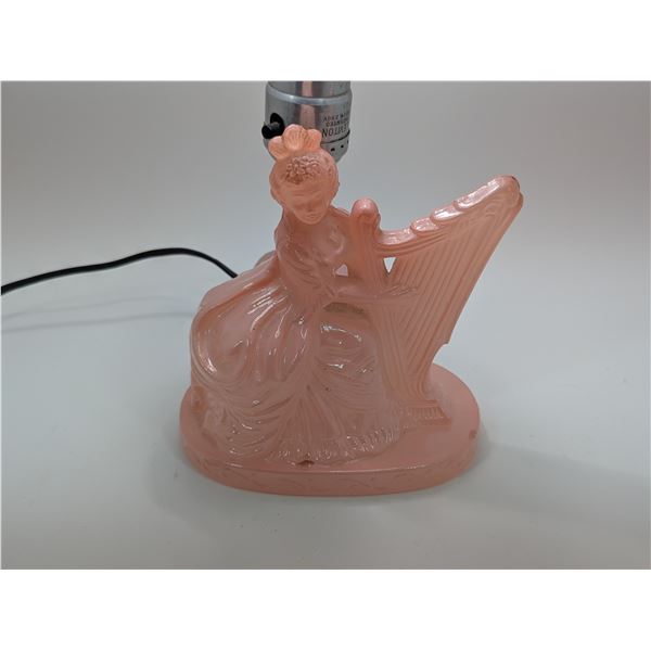 VINTAGE 1930'S PINK LADY & HARP BEDSIDE LAMP