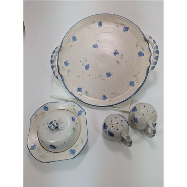 Pottery Set~Platter butter dish(with lid), salt & pepper