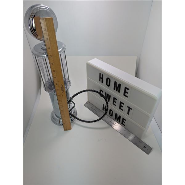 Vintage gas pump design & Home Sweet Home sign.