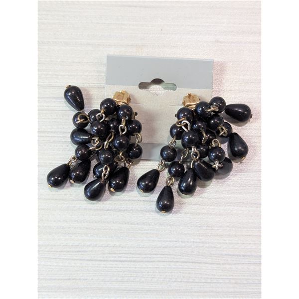 VINTAGE 1950'S BLACK BEADED CLIP-ON EARRINGS