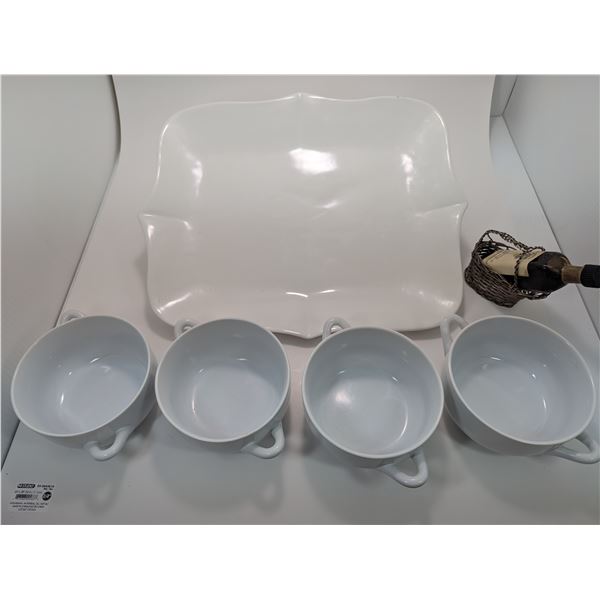 WHITE PLATTER 12"X15", SOUP BOWLS, WIRE BOTTLE CRADLE, SALT & PEPPER SHAKERS