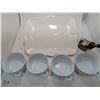 Image 1 : WHITE PLATTER 12"X15", SOUP BOWLS, WIRE BOTTLE CRADLE, SALT & PEPPER SHAKERS