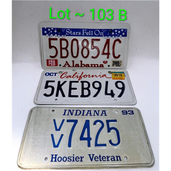 ALABAMA, CALIFORNIA, INDIANA LICENSE PLATES