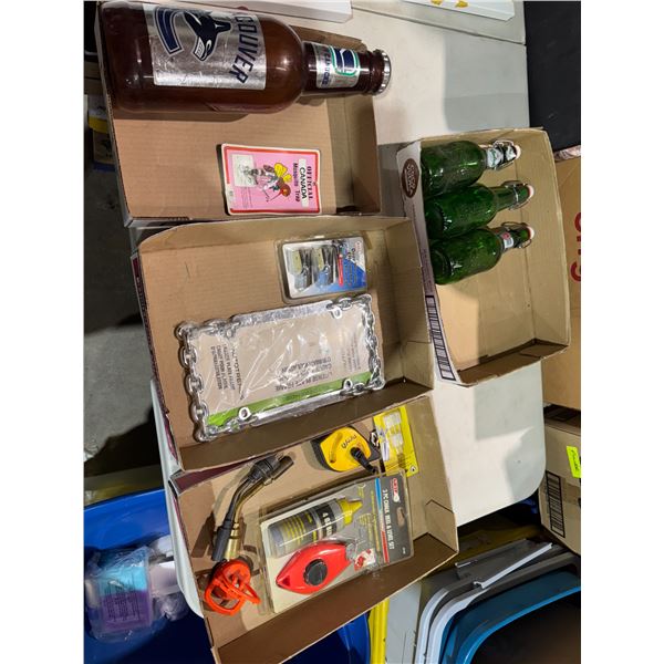 Miscellaneous lot shock, lines, torch tips, license plate, cover, deer, warning, item, bottles, etc.