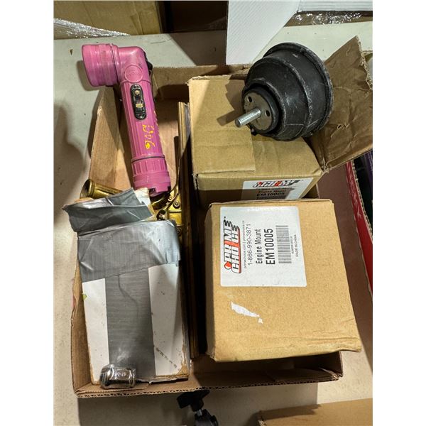 Engine, mountain lug, nuts, squeegee, and flashlight