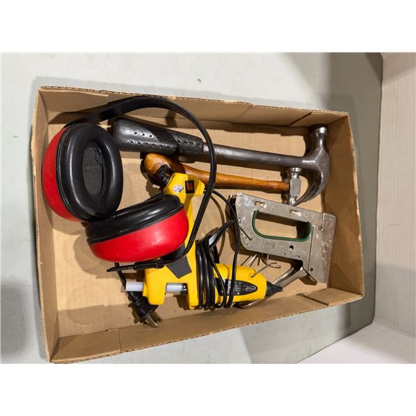 Ear protection, hammer, stapler, glue gun