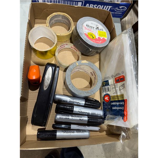 Markers, envelopes, tapes, stapler